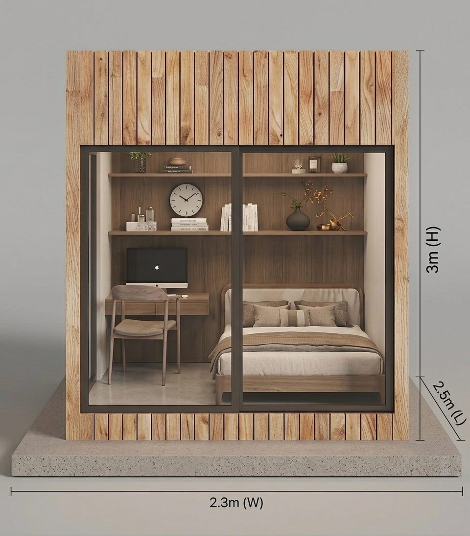 Bedroom Box — modular bedroom pod with built-in desk, shelving and a bed