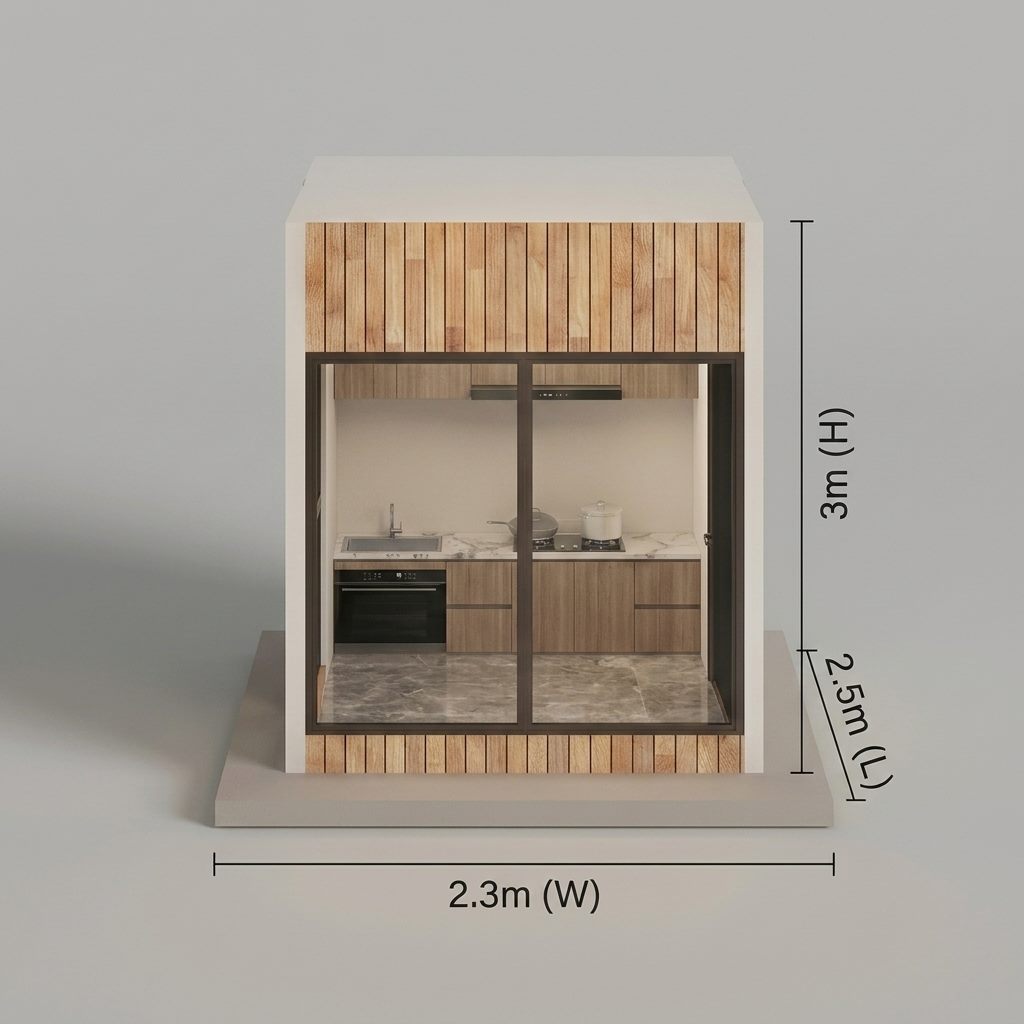 Kitchen Box — modular kitchen pod with benchtops, cabinetry and cooktop