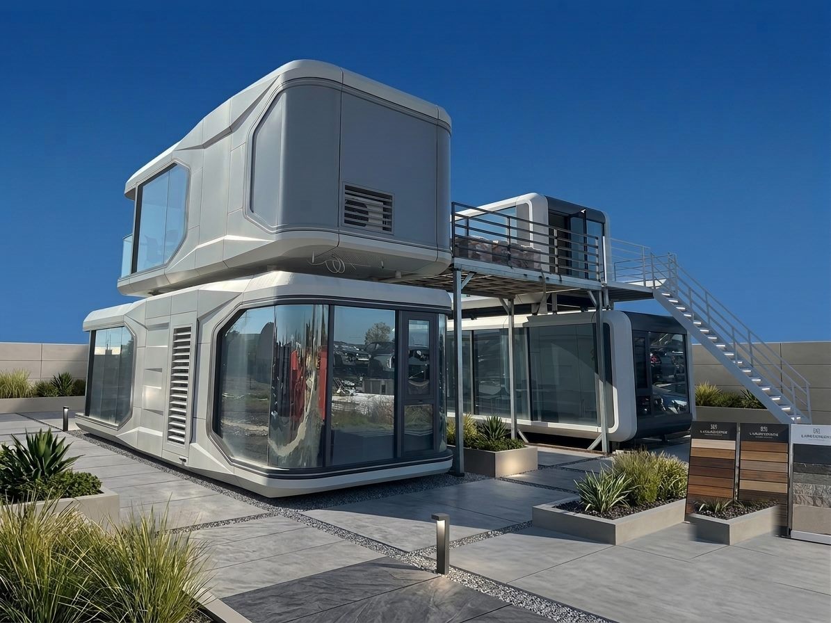 Two capsule houses stacked into a two-storey home with balcony and stair