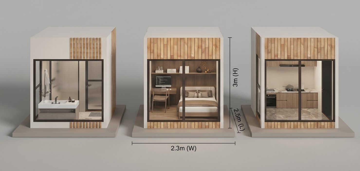 Room modules — bathroom, bedroom and kitchen boxes, each 2.3 × 2.5 × 3 m