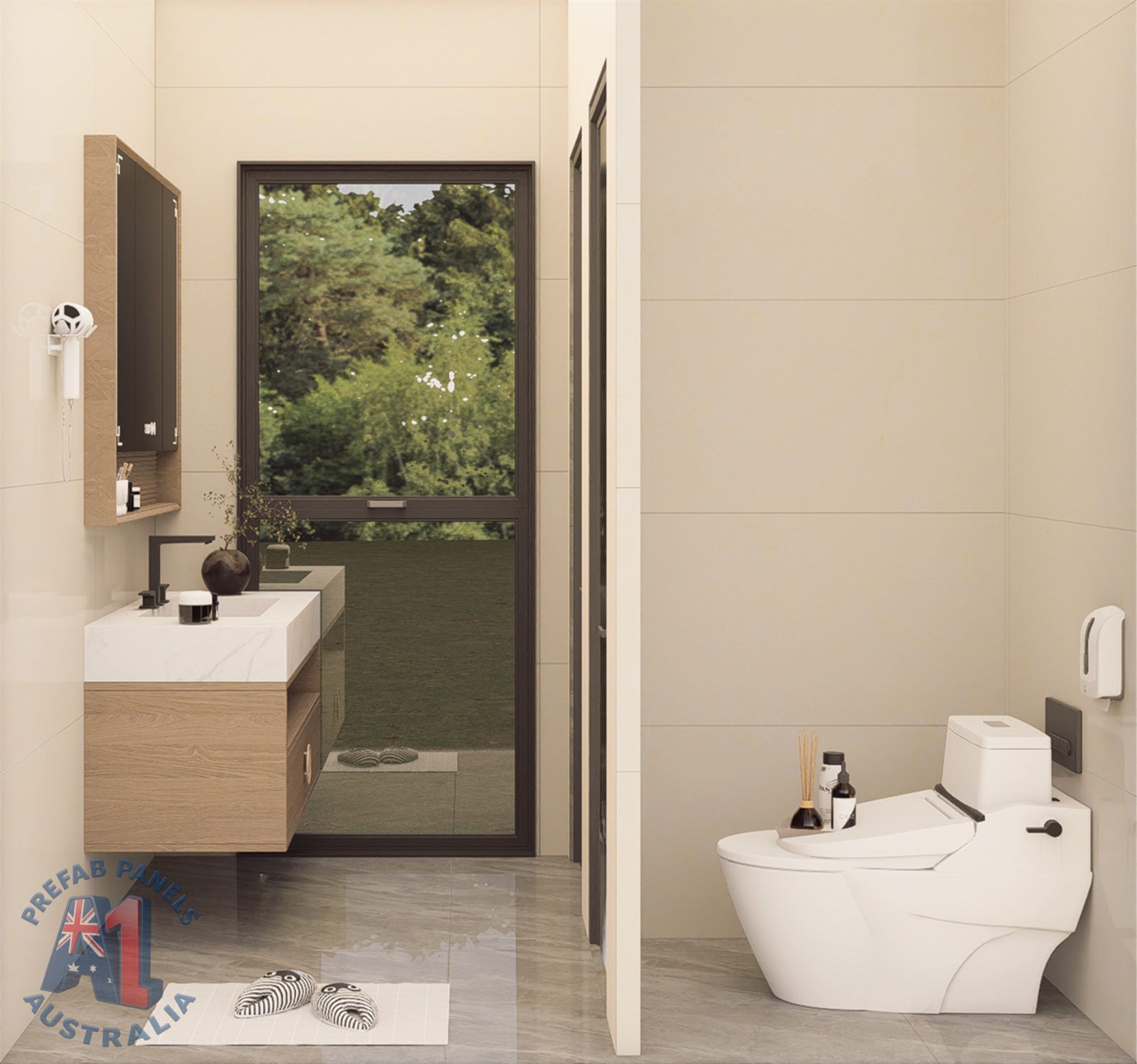 Inside a finished Toilet Box — stone-top vanity, mirror, picture window and wall-hung toilet