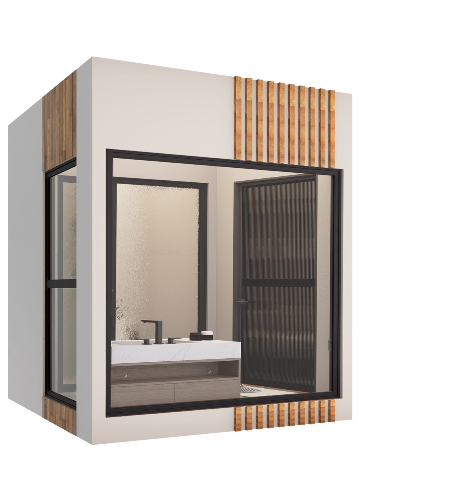 Toilet Box — modular bathroom pod with vanity, mirror and timber-batten cladding