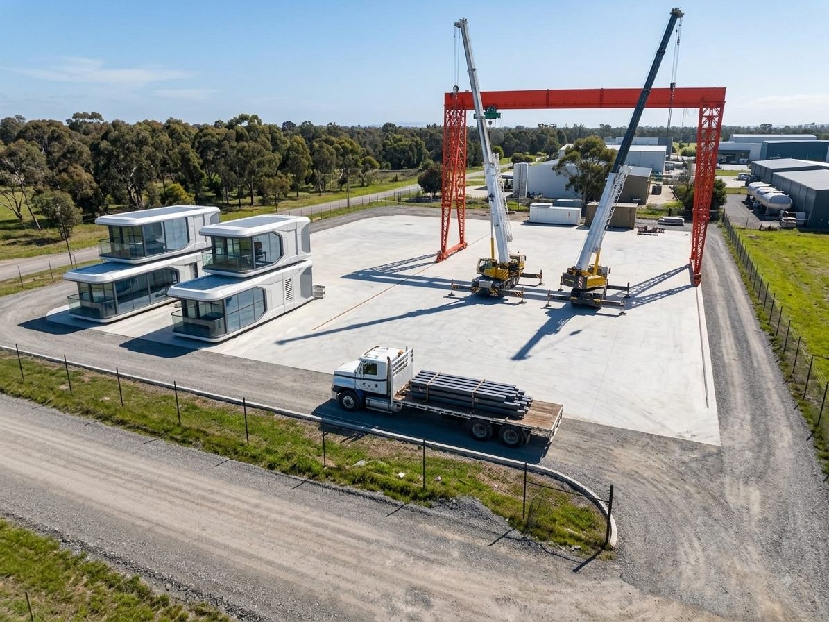 Aerial view of the Australian Pods & Modular yard — capsule houses, a delivery truck and the red gantry crane on the concrete pad